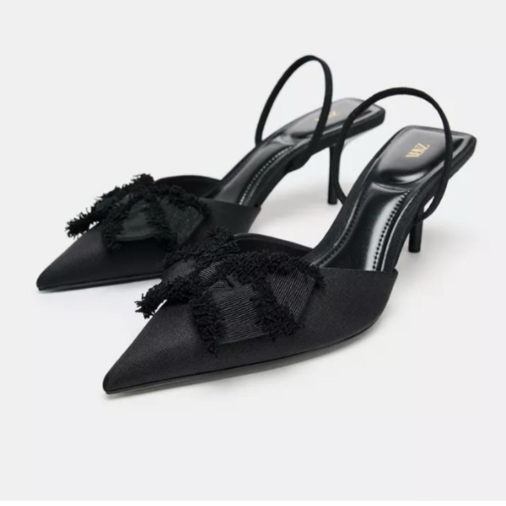 ZARA Black Slingback Pointed Toe Heels w/ Bow Detail | 2.8” Heel size 41